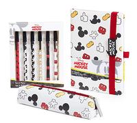 Disney Mickey Mouse Pencil Case & Stationary Set, A5 Notebook, 6 Ball Point Blue Ink Pens & Durable Pen Case, School, Work & Office Supplies for Fans (White/Red Mickey)