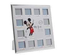 Disney - Mickey Mouse - Real Silver-Plated Multi 12 Aperture Photo Frame 'My First Year' - Made in Italy Licensed Disney Merchandise - Self-Standing Wood Back - Early Years, New Baby, Birth Gifting.
