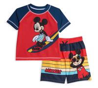 Disney Mickey Mouse Surfboard Big Boys UPF 50+ Rash Guard Swim Trunks Outfit Set Red 10-12