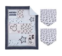 Disney Mickey Mouse Timeless Mickey Gray, White, & Blue Stars & Icons 3Piece Nursery Mini Crib Bedding Set - Comforter & Two Fitted Mini Crib Sheets,