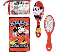 Disney Mickey Mouse Travel Toiletry Set for Kids - Includes Toiletry Bag with Name Tag, Soft Microfiber Towel and Detangling Hair Brush - Cute & Practical Gift for Holidays, Sleepovers & Daily Use