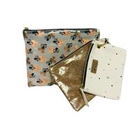 Disney Minnie Mouse 3 PC Set Wash Bag Travel Makeup Zip Gold Pouch