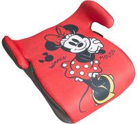 Tataway Disney Minnie i-Size Car Backrest Seat ECE R129/03. Child Safety Lifter with a Height of 126 to 150 cm. Rise with Minnie's Graphics, seat for Children on a red Background.
