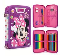 Disney Minnie Mouse “Cutie” Double Compartment Pencil Case Filled with Stationery for Kids | School Supplies Colouring Pencils, Markers | Spacious 2-Zip Design | Durable & Lightweight Gift for Girls