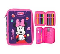 Disney Minnie Mouse Double Compartment Pencil Case Filled with Stationery for Kids | School Supplies Colouring Pencils, Markers | Spacious 2-Zip Design | Durable & Lightweight Gift for Girls
