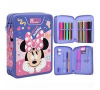 Disney Minnie Mouse Double Compartment Pencil Case Filled with Stationery for Kids | School Supplies Colouring Pencils, Markers | Spacious 2-Zip Design | Durable & Lightweight Gift for Girls