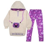 Disney Minnie Mouse Girls Hoodie and Joggers 2-Pack with Zipper Pouch, Girls Hooded Sweatshirt and Active Sweatpants, Cream/Purple, 8