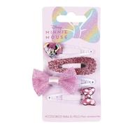 Disney Minnie Mouse Glittered Hair Snap Clips for Girls, 2 Inch Metal Shiny Non-Slip Clips with Bow on Top and with Two Decorative Charms, 4 Hair Clips