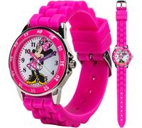 Disney Minnie Mouse Kids' Time Teacher Watch - Pink Rubber Strap Easy-Read Analog Dial with Minnie Artwork Enamel Bezel Educational Watch for Girl