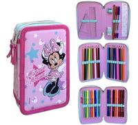 Disney Minnie Mouse Pencil Case with 3 Compartments with 3 Zip for School Complete 44 Pieces Pens Pencils Colours 18 Giotto Turbocolor Markers, blue, Pencil Case