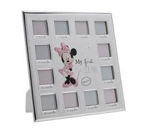 Disney - Minnie Mouse - Real Silver-Plated Multi 12 Aperture Photo Frame 'My First Year' - Made in Italy Licensed Disney Merchandise Self-Standing Wood Back Early Years, New Girl Baby, Birth Gifting.