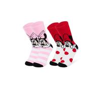 Disney Slippers Socks for Women & Teens UK Size 2.5-7.5, Pack of 2 Non Slip Fleece Winter Socks, Soft & Fluffy, Gifts for Her (Red/Pink Minnie)