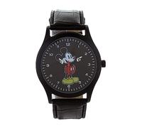 Disney MK5477 Men's Mickey Mouse Black IP Black Dial Leather Band 3-Hand Analog Watch, Silver, Silver, strap