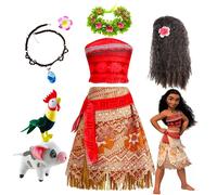 Disney Moana Dress for Kids Girls Princess Vaiana Cosplay Carnival Children Birthday Party Headwear Necklace Pet Pig Chicken Set Wig