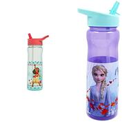 Disney Moana Water Bottle Flip Up Straw 600ml - Turquoise & Pink & Disney Frozen Water Bottle with Straw - Reusable Kids 600ml PP - in Purple, Multi Colour