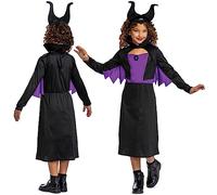 Disney Official Premium Maleficent Costume Kids with Horns Headband and Attached Pendant, Made with Super Soft Material, Devil Fancy Dress Up Evil Halloween Costume for Kids 7-8 Years