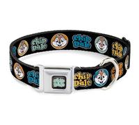 Disney Pet Collar, Dog Collar Metal Seatbelt Buckle, Chip and Dale Expression Bubbles Black Multi Color, 13 to 17 Inches 1.5 Inch Wide