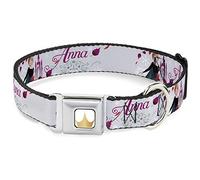 Disney Pet Collar, Dog Collar Metal Seatbelt Buckle, Frozen Anna Castle Pose with Flowers and Script Grays Pinks, 20 to 31 Inches 1.5 Inch Wide