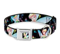Disney Pet Collar, Dog Collar Metal Seatbelt Buckle, Glowing Tinker Bell Butterflies Flowers Black Multi Neon, 13 to 17 Inches 1.5 Inch Wide
