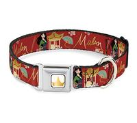 Disney Pet Collar, Dog Collar Metal Seatbelt Buckle, Mulan Gazebo Pose with Flowers and Script Red Golds, 15 to 24 Inches 1.0 Inch Wide