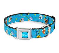 Disney Pet Collar, Dog Collar Metal Seatbelt Buckle, Pixar Holiday Collection Easter Egg Characters Scattered Blue, 20 to 31 Inches 1.5 Inch Wide