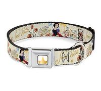 Disney Pet Collar, Dog Collar Metal Seatbelt Buckle, Snow White and Seven Dwarfs with Script and Flowers Yellows, 16 to 23 Inches 1.5 Inch Wide