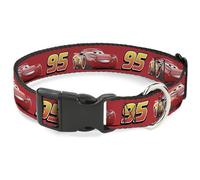 Disney Pet Collar, Dog Collar Plastic Buckle, Cars Lightning McQueen Smiling Pose 95 Reds White Orange, 15 to 24 Inches 1.0 Inch Wide