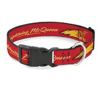 Disney Pet Collar, Dog Collar Plastic Buckle, Cars Lightning McQueen Text with Bolt Flames Red Yellows, 13 to 17 Inches 1.5 Inch Wide