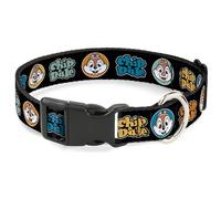 Disney Pet Collar, Dog Collar Plastic Buckle, Chip and Dale Expression Bubbles Black Multi Color, 7 to 8.5 Inches 0.5 Inch Wide