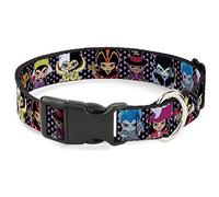 Disney Pet Collar, Dog Collar Plastic Buckle, Disney Sweet Chibi Villain Poses Polka Dot Black Lavender, 16 to 23 Inches 1.5 Inch Wide