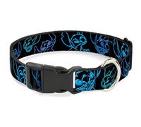 Disney Pet Collar, Dog Collar Plastic Buckle, Electric Stitch Poses Black Neon Blue, 15 to 24 Inches 1.0 Inch Wide