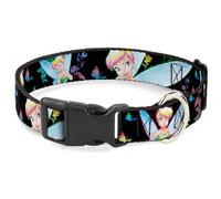 Disney Pet Collar, Dog Collar Plastic Buckle, Glowing Tinker Bell Butterflies Flowers Black Multi Neon, 8.5 to 12 Inches 0.5 Inch Wide