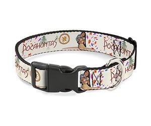 Disney Pet Collar, Dog Collar Plastic Buckle, Pocahontas and Meeko Compass with Script and Leaves Beige, 11 to 16.5 Inches 1.0 Inch Wide