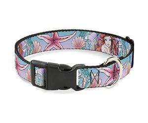 Disney Pet Collar, Dog Collar Plastic Buckle, The Little Mermaid Ariel Sketch Pose Shells Kelp Blues Pinks, 7 to 8.5 Inches 0.5 Inch Wide