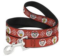 Disney Pet Leash, Dog Leash, Christmas Holiday Disney Santa Hat Characters Snowflakes Red, 6 Feet Long 1.0 Inch Wide