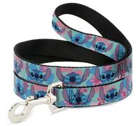 Disney Pet Leash, Dog Leash, Lilo and Stitch Stitch Expressions and Flowers Blues Pinks, 6 Feet Long 1.5 Inch Wide