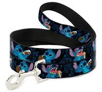 Disney Pet Leash, Dog Leash, Stitch Snacking Poses Black Blue, 4 Feet Long 1.5 Inch Wide