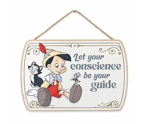 Disney Pinocchio Let Your Conscience Be Your Guide Hanging Wood Wall Decor - Cute Jiminy Cricket Sign for Kids' Bedroom or Play Room