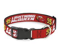 Disney Plastic Clip Dog Collar | Cars 95 Lightning McQueen Text and Pose Red Durable Adjustable ID Tag Ring Side Release