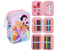Disney Princess 3 Tier Large Pencil Case with Stationery Included | 45 Piece Multi Compartment Filled Pencilcase Set with Colouring Pens, Pencils and School Supplies for Boys and Girls