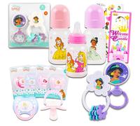 Disney Princess Baby Gift Set, Baby Shower Gifts Girls Neutral - 8 Pc Newborn Essentials Bundle with Rattle, Bottle, Pacifier, Scrapbook Stickers, More