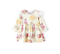 Disney Princess Baby Girl Dress Floral Print Ruffle Long Sleeve Dress, yellow, 9-12 Months