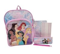 Disney Princess Backpack for Girls - School Bag Bundle with Pencil Case, Notebook, Stickers & Pencils | Ariel, Belle, Moana, Jasmine & Rapunzel Rucksack Princess Stationery Gift Set