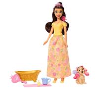 Mattel Disney Princess Belle Fashion Doll & Dog Figure with Color Change Spots, Bathtub, Brush & Hair Accessories, Inspired by Beauty & the Beast, JFC42