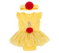 Disney Princess Belle Newborn Baby Girls Cosplay Bodysuit With Skirt Overlay & Headband Outfit Set Yellow/Red 0-3 Months