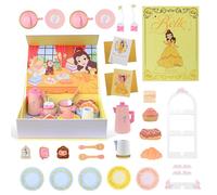 Disney Princess Belle Wooden Tea Set for Kids - 31 Pieces Pretend Tea Party Playset with Book Storage Box, FSC Wooden Tea Toys, Portable Princess Gift for Girls Age 3+ Wooden Pretend Play Tea Toy Set