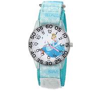 Disney Princess Cinderella Girls' Clear Plastic Time Teacher Watch, Blue Hook and Loop Stretchy Nylon Strap with Printed Cinderella WDS000864, Blue, Quartz Watch