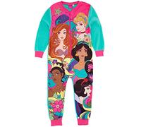Disney Princess Girls Onesie in Blue | Kids All In One Fleece Loungewear Pyjama | Cinderella Snow White Jasmine Little Mermaid Tiana Nightwear PJs | Sleepsuit Pajama Merchandise Gift for Children