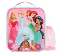 Disney Princess Insulated Lunch Bag Featuring Aurora, Cinderella, Ariel, Jasmine, Moana with Wipe Clean Antibacterial Lining & Mesh Bottle Pocket, Pink, for School & Travel
