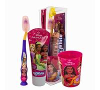 Disney Princess Kids Toothbrush Set - Soft-Bristle Toothbrush with Suction Cup & Protective Cap, Mint-Flavoured Toothpaste, and Multi-Purpose Beaker | Travel-Ready Oral Care Kit for Children Ages 3+